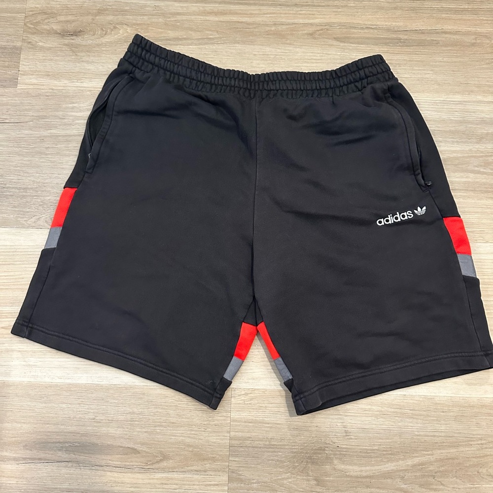 Men’s Adidas Black Shorts with Red and Gray Stripes size Large zippered pockets